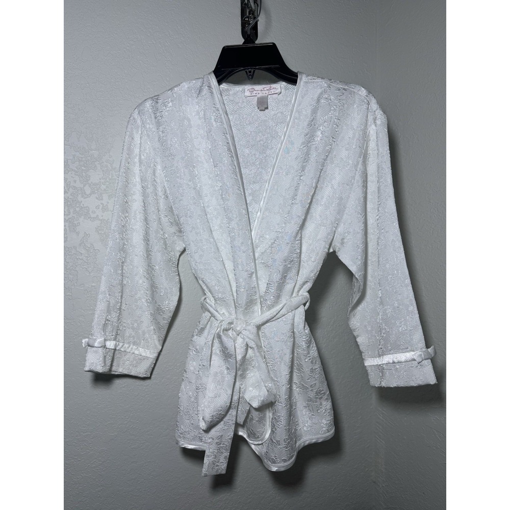 Oscar de la Renta Pink Label Floral Lace Robe S White Satin Trim Bow Kimono
